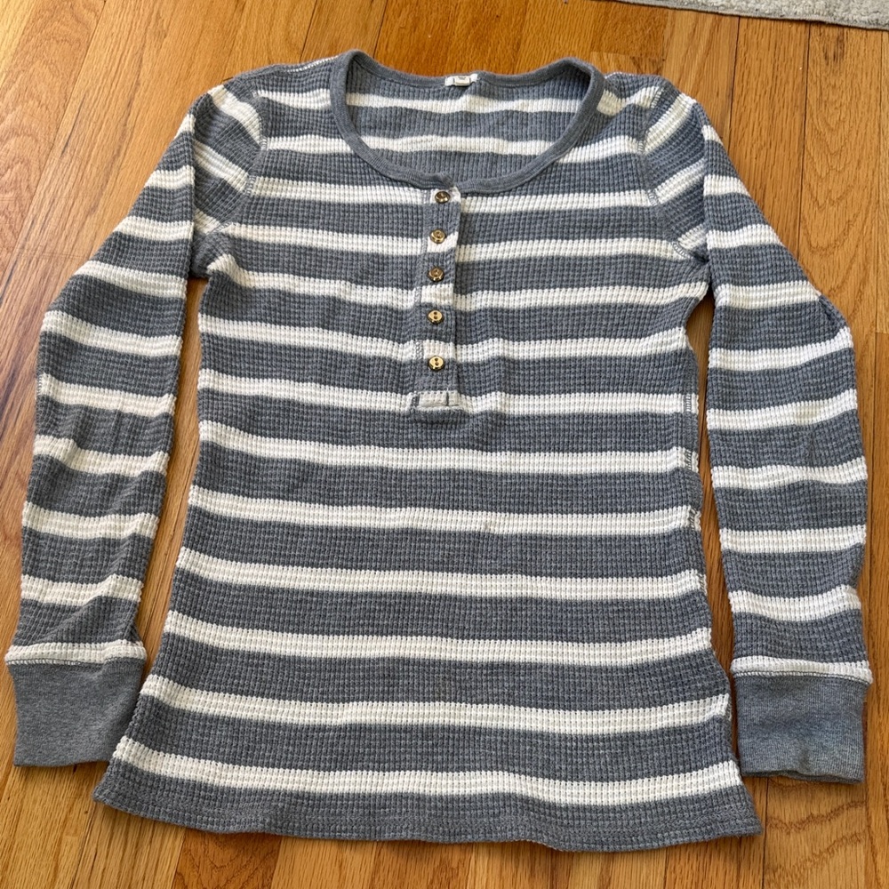 J. Crew  Gray and Cream Striped Long Sleeve Waffle Shirt